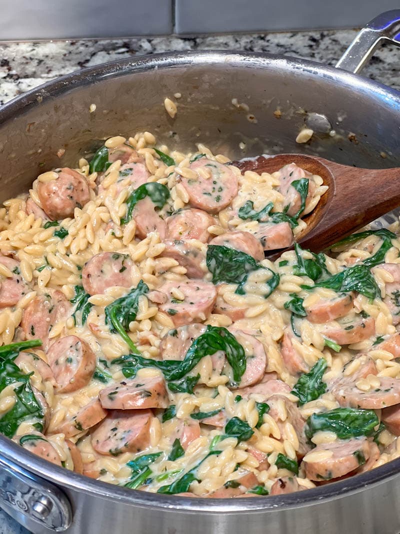 One Pan Creamy Orzo with Chicken Sausage